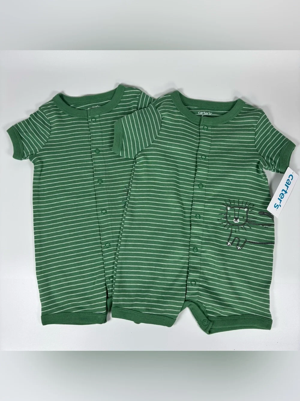 Set of 2 Carter’s Baby Boy Lion Striped Green Rompers NWT 6M Matching Pair Twins